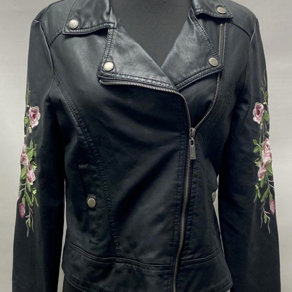 Jou Jou Women's Black Faux Leather Floral Embroidered Motorcycle Jacket Medium - Picture 1 of 5